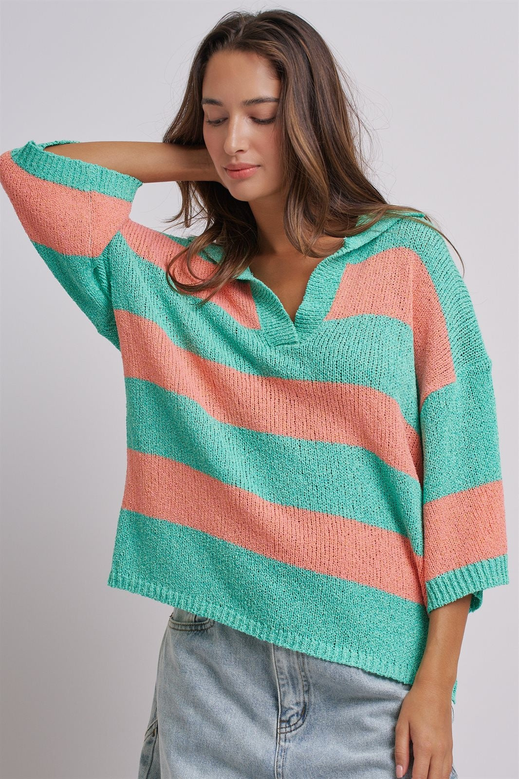 Striped Knit Polo Collar Oversized Sweater Top in Coral Green - Women's Sweaters | Urban Daizy