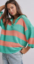 Striped Knit Polo Collar Oversized Sweater Top in Coral Green - Women's Sweaters | Urban Daizy