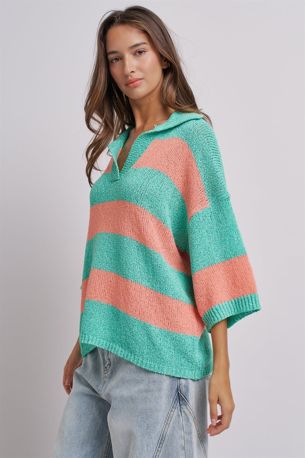 Striped Knit Polo Collar Oversized Sweater Top in Coral Green - Women's Sweaters | Urban Daizy