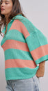 Striped Knit Polo Collar Oversized Sweater Top in Coral Green - Women's Sweaters | Urban Daizy