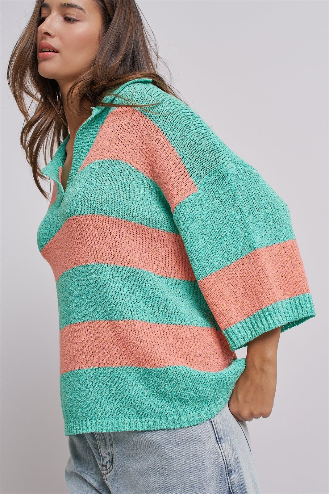 Striped Knit Polo Collar Oversized Sweater Top in Coral Green - Women's Sweaters | Urban Daizy