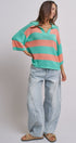 Striped Knit Polo Collar Oversized Sweater Top in Coral Green - Women's Sweaters | Urban Daizy