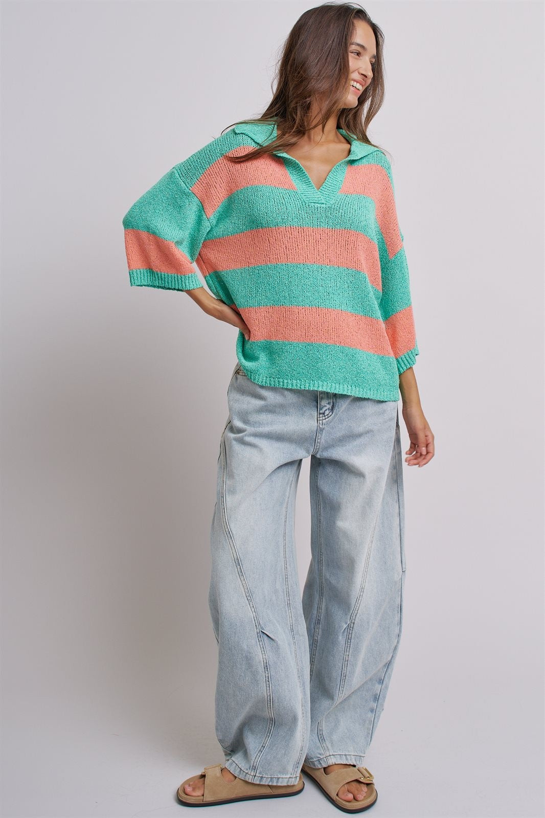 Striped Knit Polo Collar Oversized Sweater Top in Coral Green - Women's Sweaters | Urban Daizy