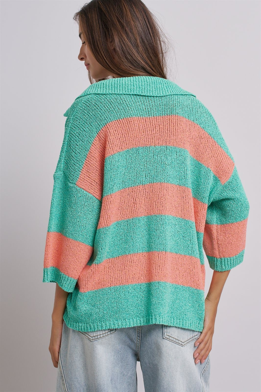 Striped Knit Polo Collar Oversized Sweater Top in Coral Green - Women's Sweaters | Urban Daizy