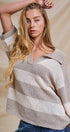 Striped Knit Polo Collar Oversized Sweater Top in Taupe Ivory - Women's Sweaters | Urban Daizy