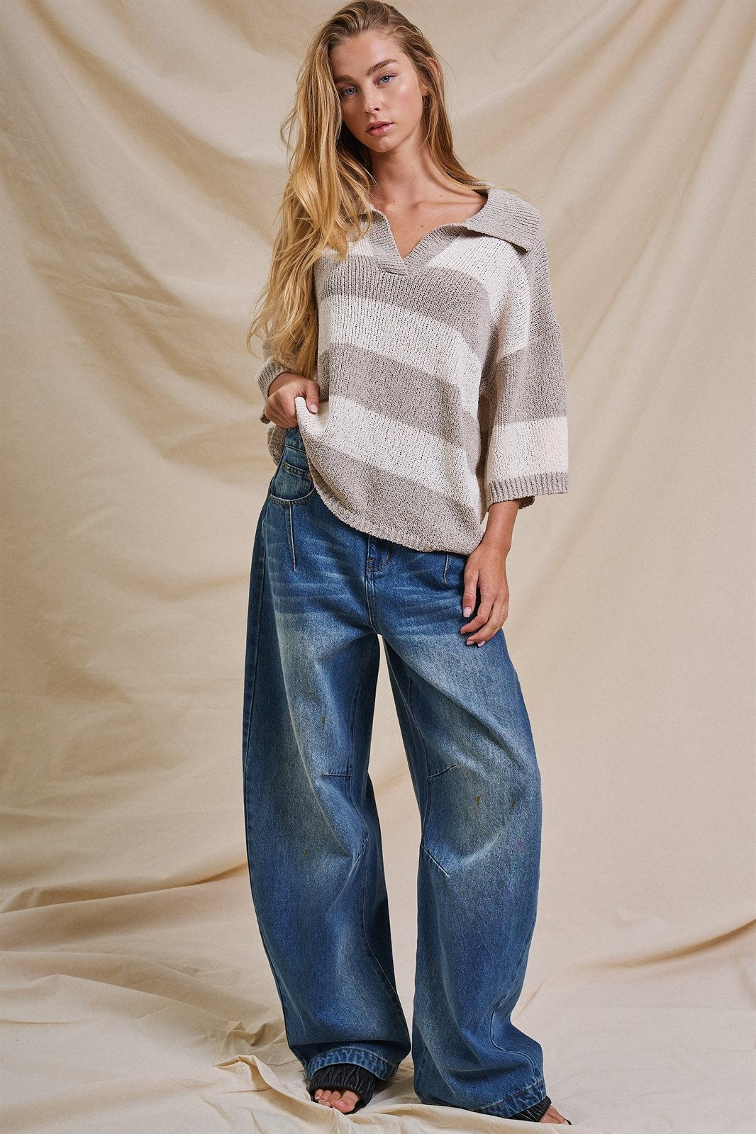 Striped Knit Polo Collar Oversized Sweater Top in Taupe Ivory - Women's Sweaters | Urban Daizy