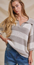 Striped Knit Polo Collar Oversized Sweater Top in Taupe Ivory - Women's Sweaters | Urban Daizy