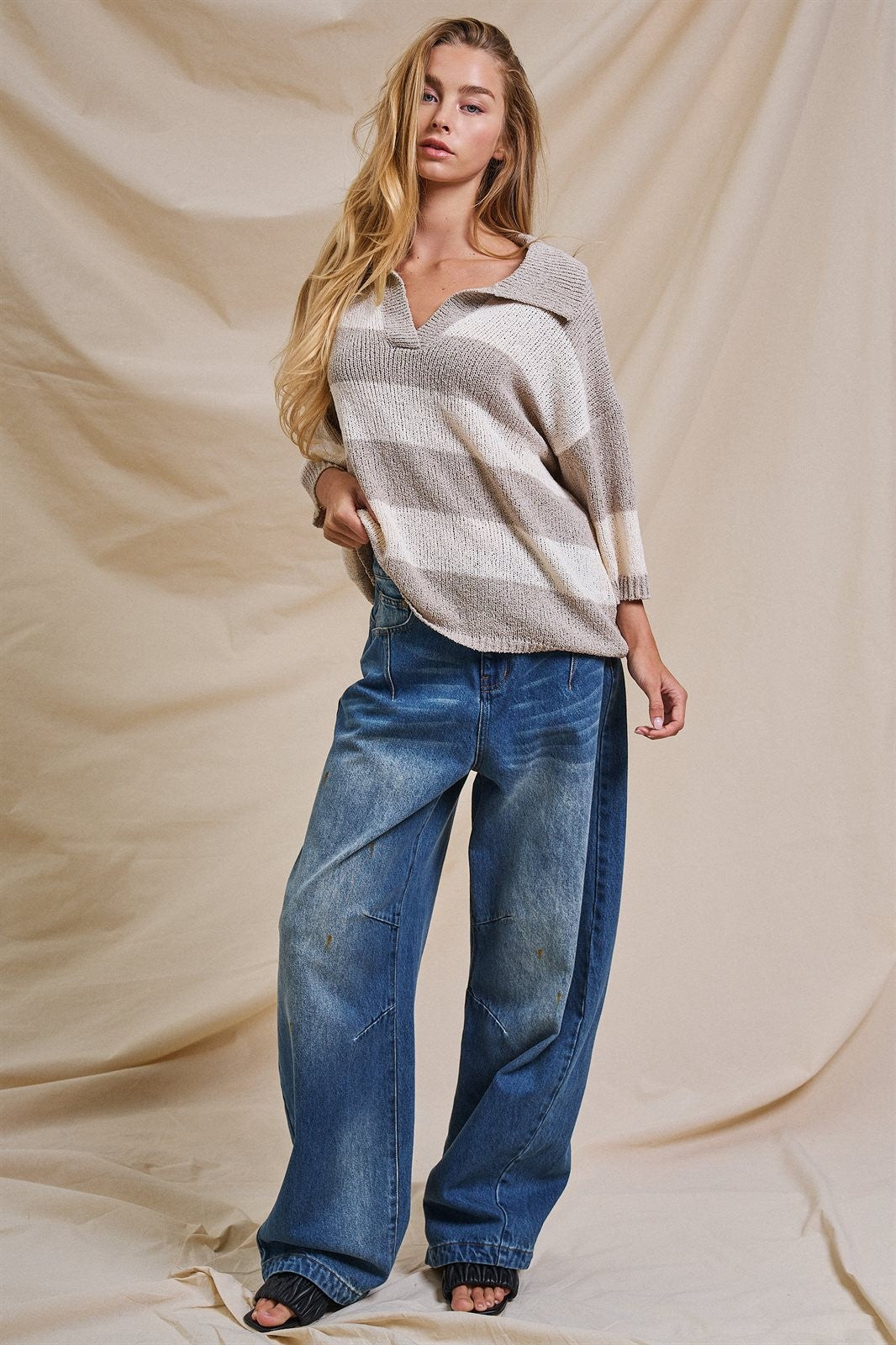 Striped Knit Polo Collar Oversized Sweater Top in Taupe Ivory - Women's Sweaters | Urban Daizy