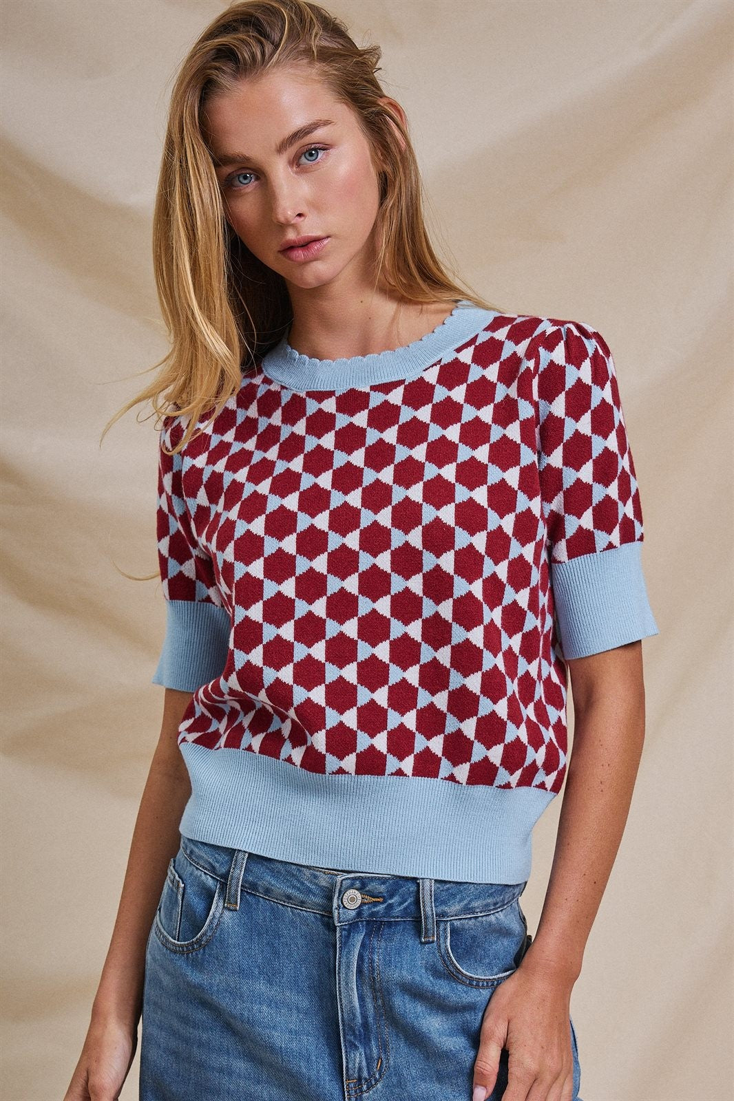 Diamond Jacquard Knit Crop Sweater Top in Burgundy - Women's Sweaters | Urban Daizy