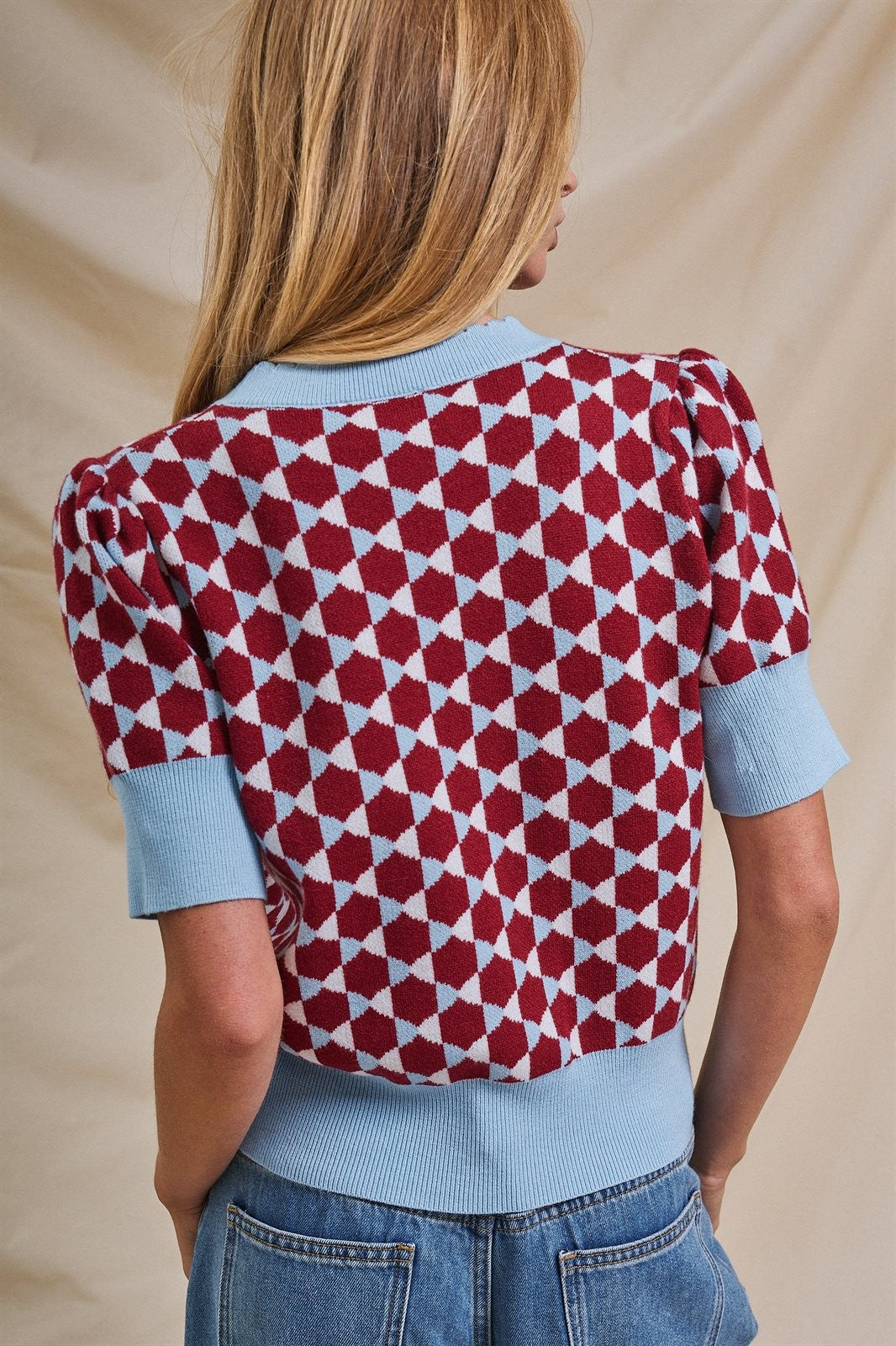 Diamond Jacquard Knit Crop Sweater Top in Burgundy - Women's Sweaters | Urban Daizy