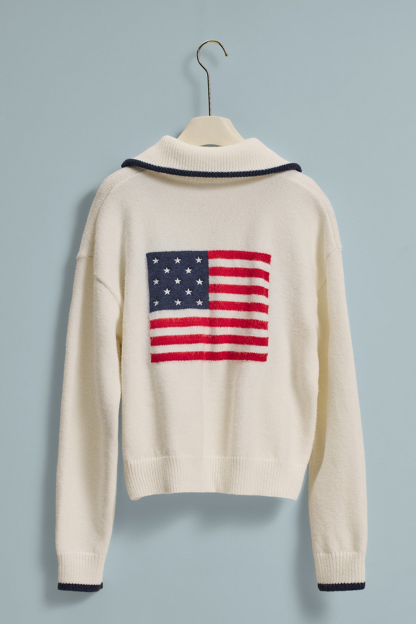 Americana Flag Quarter-Zip Knit Sweater in Ivory - Women's Sweaters | Urban Daizy