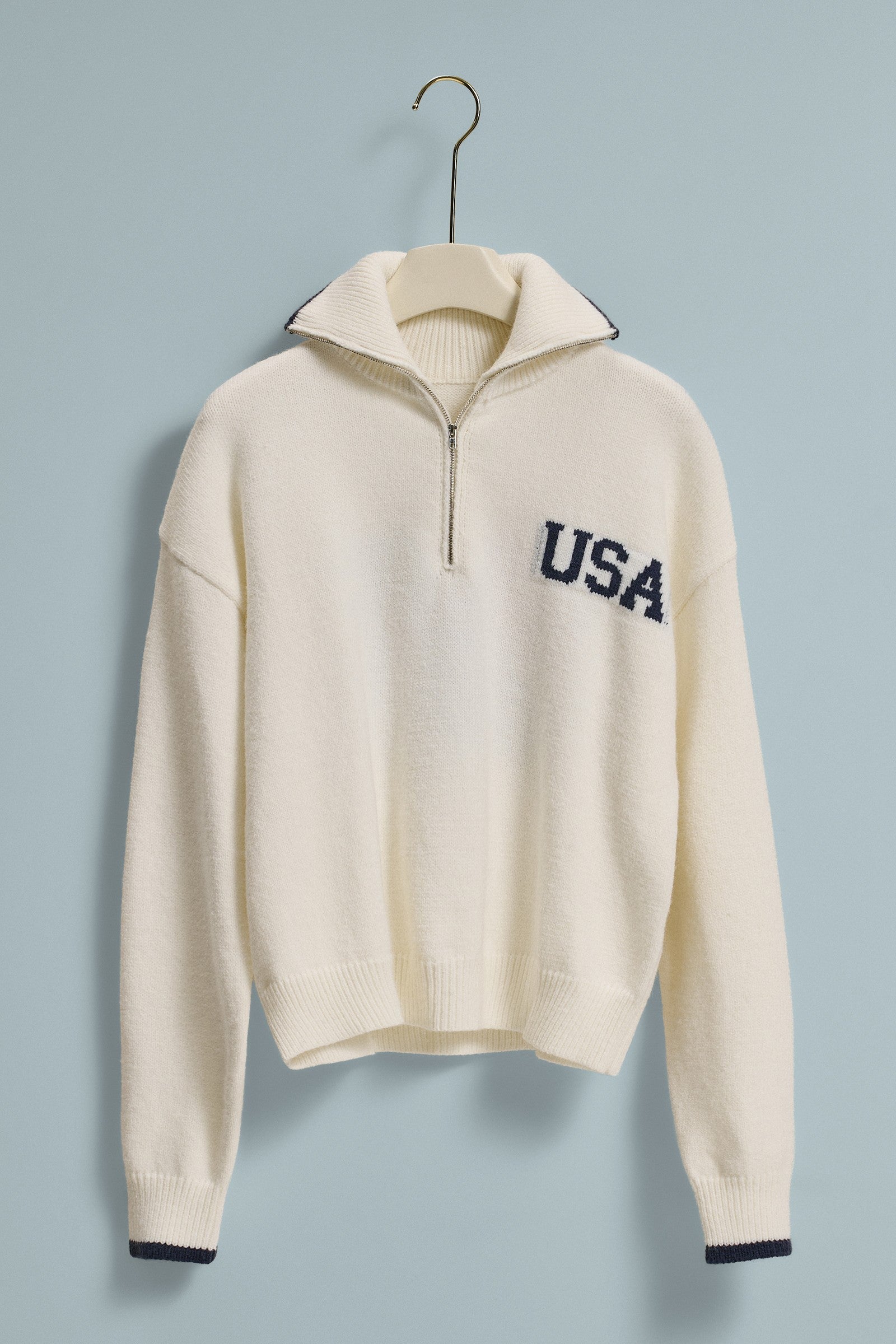 Americana Flag Quarter-Zip Knit Sweater in Ivory - Women's Sweaters | Urban Daizy