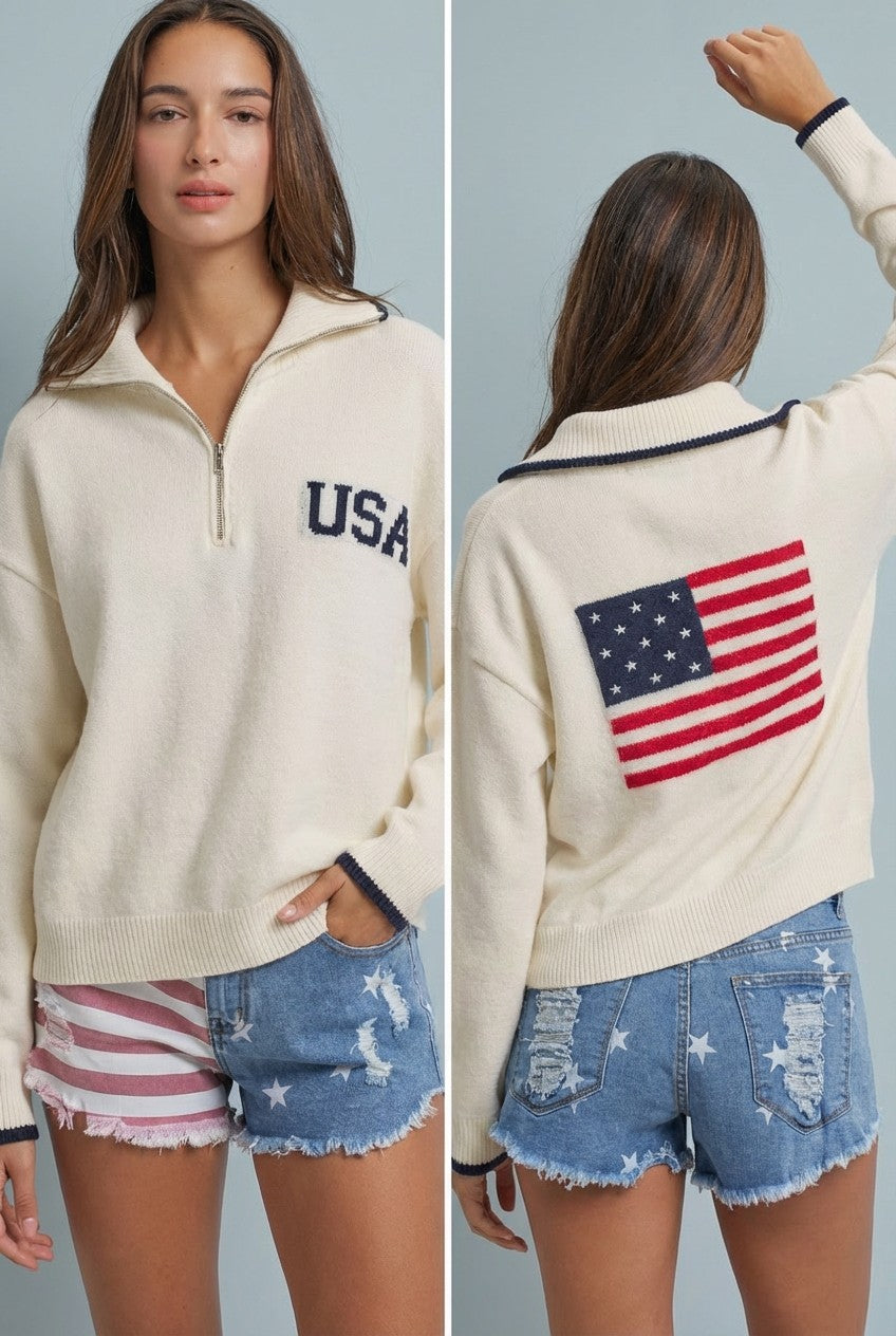 Americana Flag Quarter-Zip Knit Sweater in Ivory - Women's Sweaters | Urban Daizy
