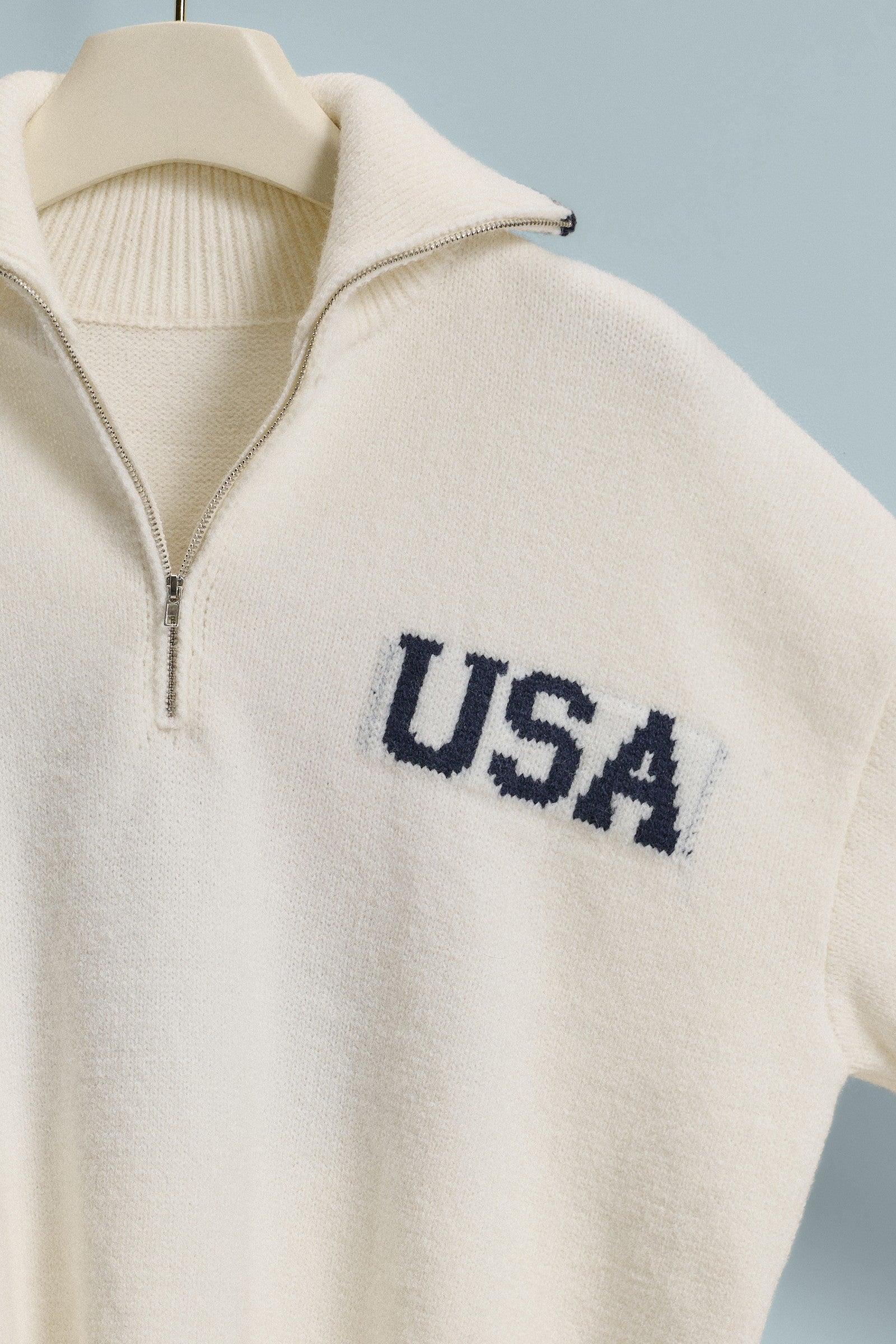 Americana Flag Quarter-Zip Knit Sweater in Ivory - Women's Sweaters | Urban Daizy