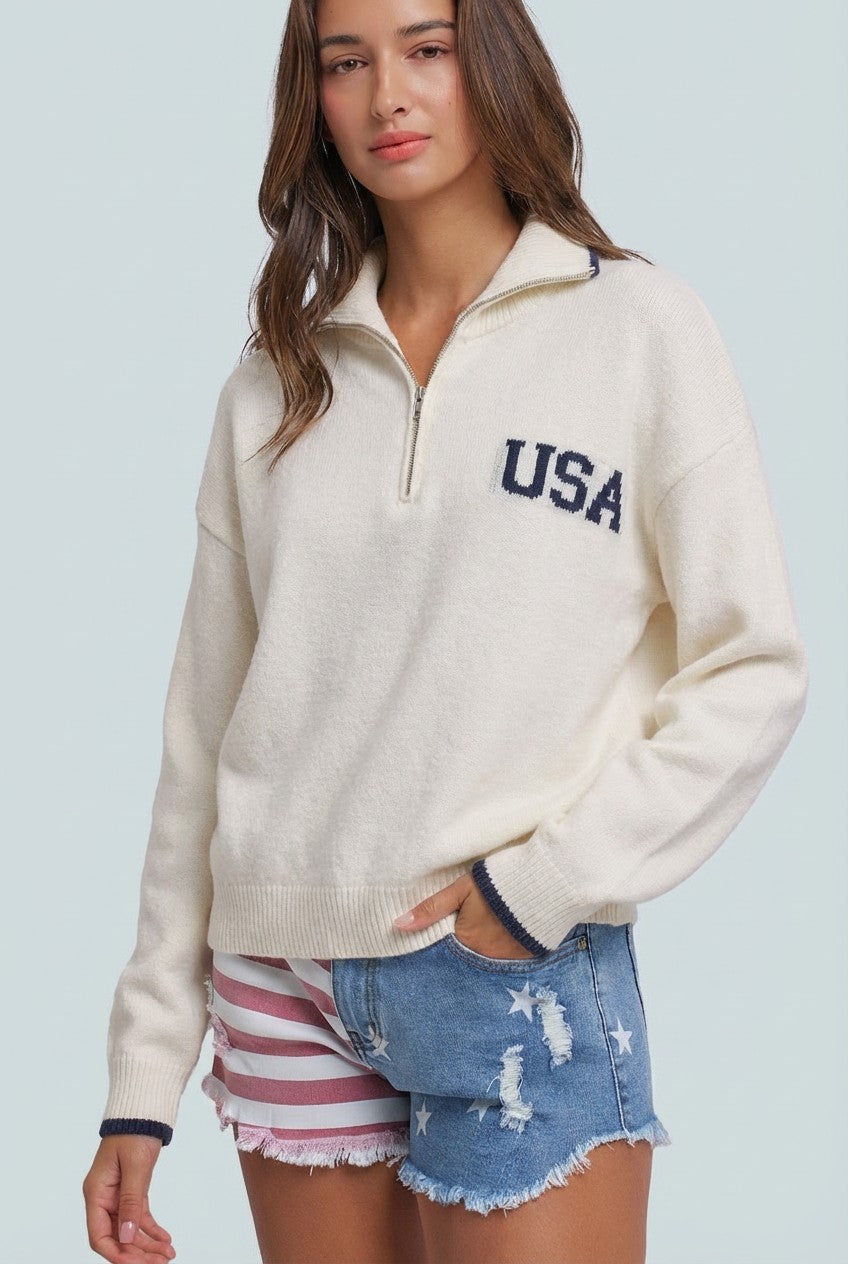 Americana Flag Quarter-Zip Knit Sweater in Ivory - Women's Sweaters | Urban Daizy