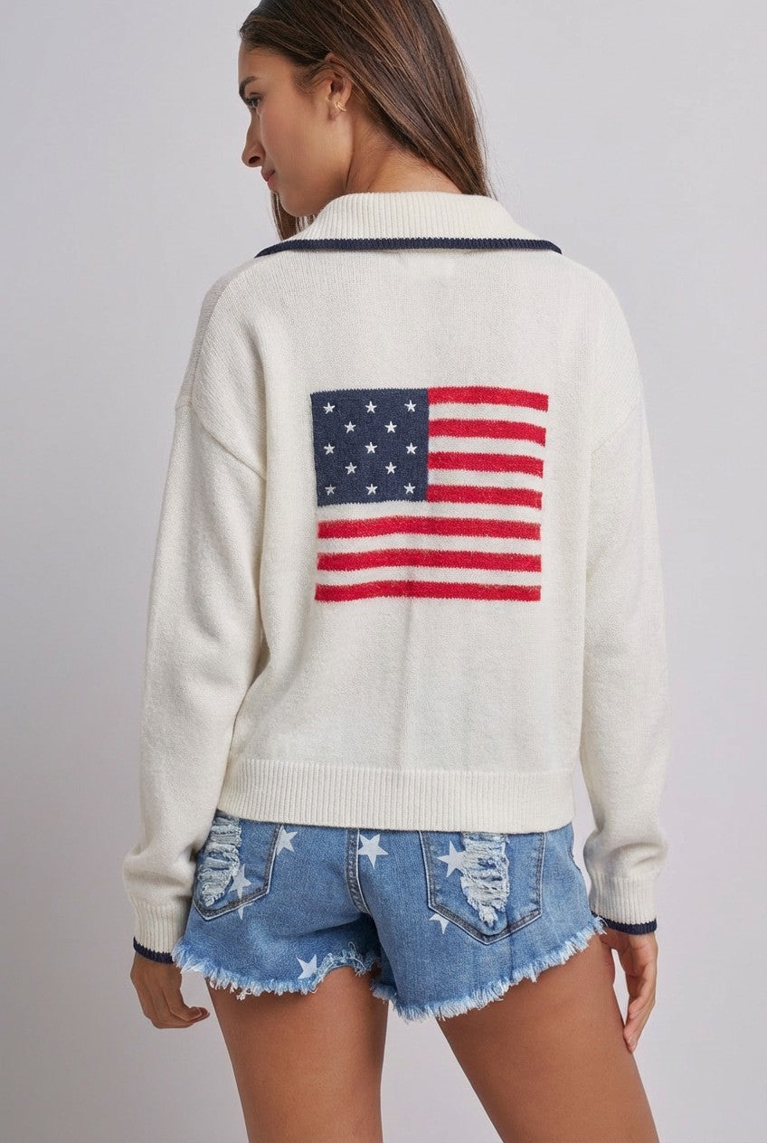 Americana Flag Quarter-Zip Knit Sweater in Ivory - Women's Sweaters | Urban Daizy
