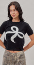 Bow Intarsia Knit Short Sleeve Sweater Tee in Black - Women's Sweaters | Urban Daizy