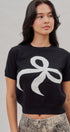 Bow Intarsia Knit Short Sleeve Sweater Tee in Black - Women's Sweaters | Urban Daizy
