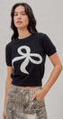 Bow Intarsia Knit Short Sleeve Sweater Tee in Black - Women's Sweaters | Urban Daizy