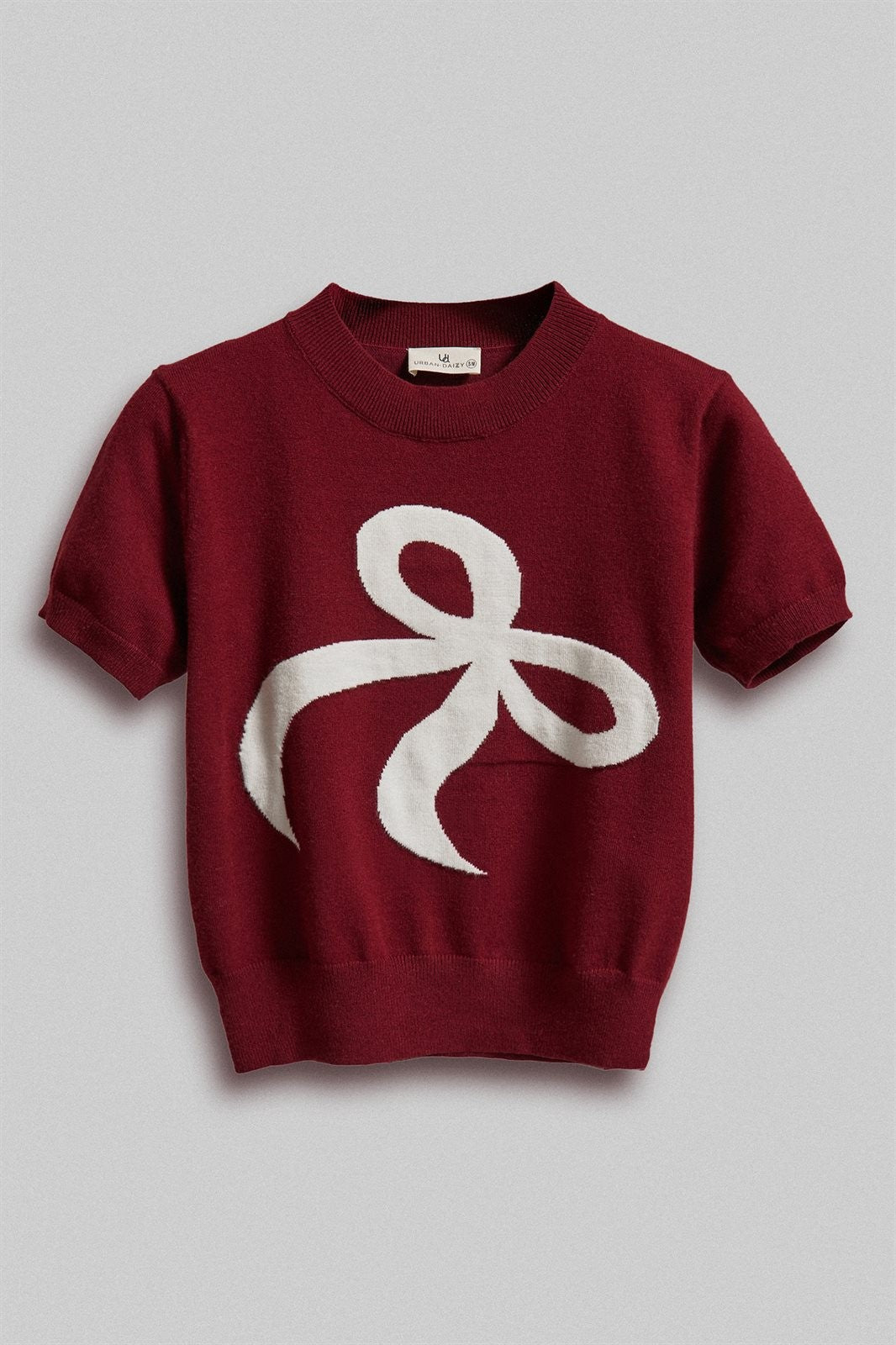 Bow Intarsia Knit Short Sleeve Sweater Tee in Burgundy - Women's Sweaters | Urban Daizy