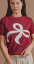 Bow Intarsia Knit Short Sleeve Sweater Tee in Burgundy - Women's Sweaters | Urban Daizy