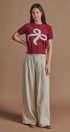 Bow Intarsia Knit Short Sleeve Sweater Tee in Burgundy - Women's Sweaters | Urban Daizy