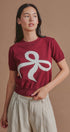 Bow Intarsia Knit Short Sleeve Sweater Tee in Burgundy - Women's Sweaters | Urban Daizy