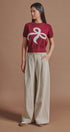 Bow Intarsia Knit Short Sleeve Sweater Tee in Burgundy - Women's Sweaters | Urban Daizy
