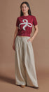 Bow Intarsia Knit Short Sleeve Sweater Tee in Burgundy - Women's Sweaters | Urban Daizy