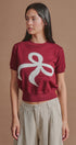 Bow Intarsia Knit Short Sleeve Sweater Tee in Burgundy - Women's Sweaters | Urban Daizy