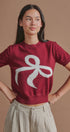 Bow Intarsia Knit Short Sleeve Sweater Tee in Burgundy - Women's Sweaters | Urban Daizy