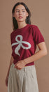 Bow Intarsia Knit Short Sleeve Sweater Tee in Burgundy - Women's Sweaters | Urban Daizy