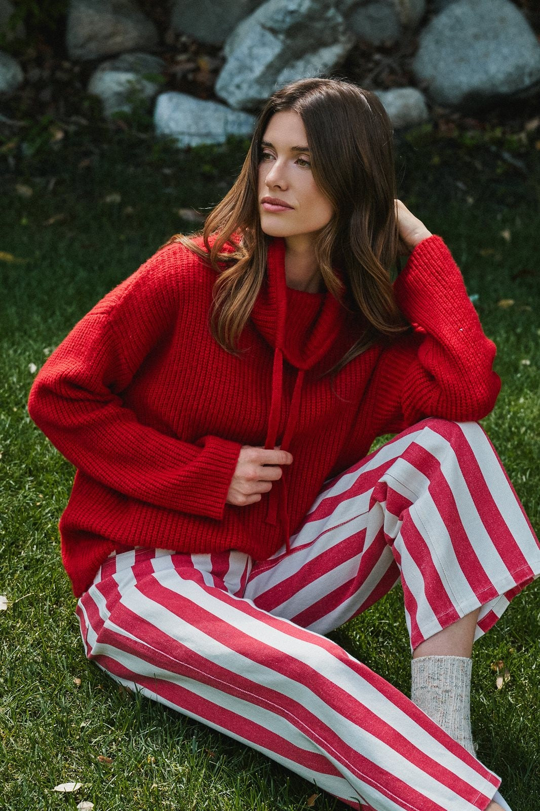 Chunky Cowl Neck Drawstring Knit Sweater in Red - Women's Sweaters | Urban Daizy