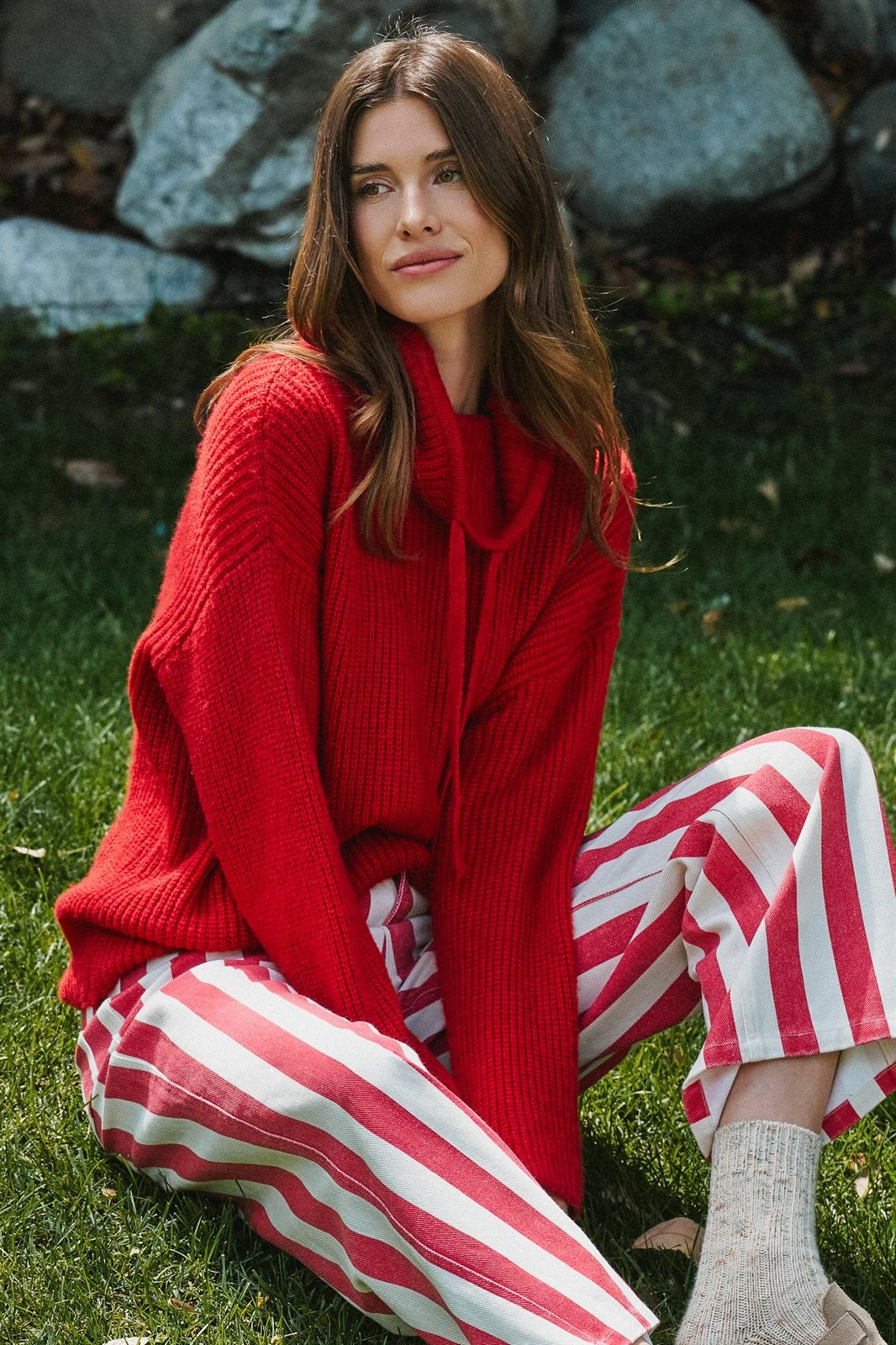Chunky Cowl Neck Drawstring Knit Sweater in Red - Women's Sweaters | Urban Daizy