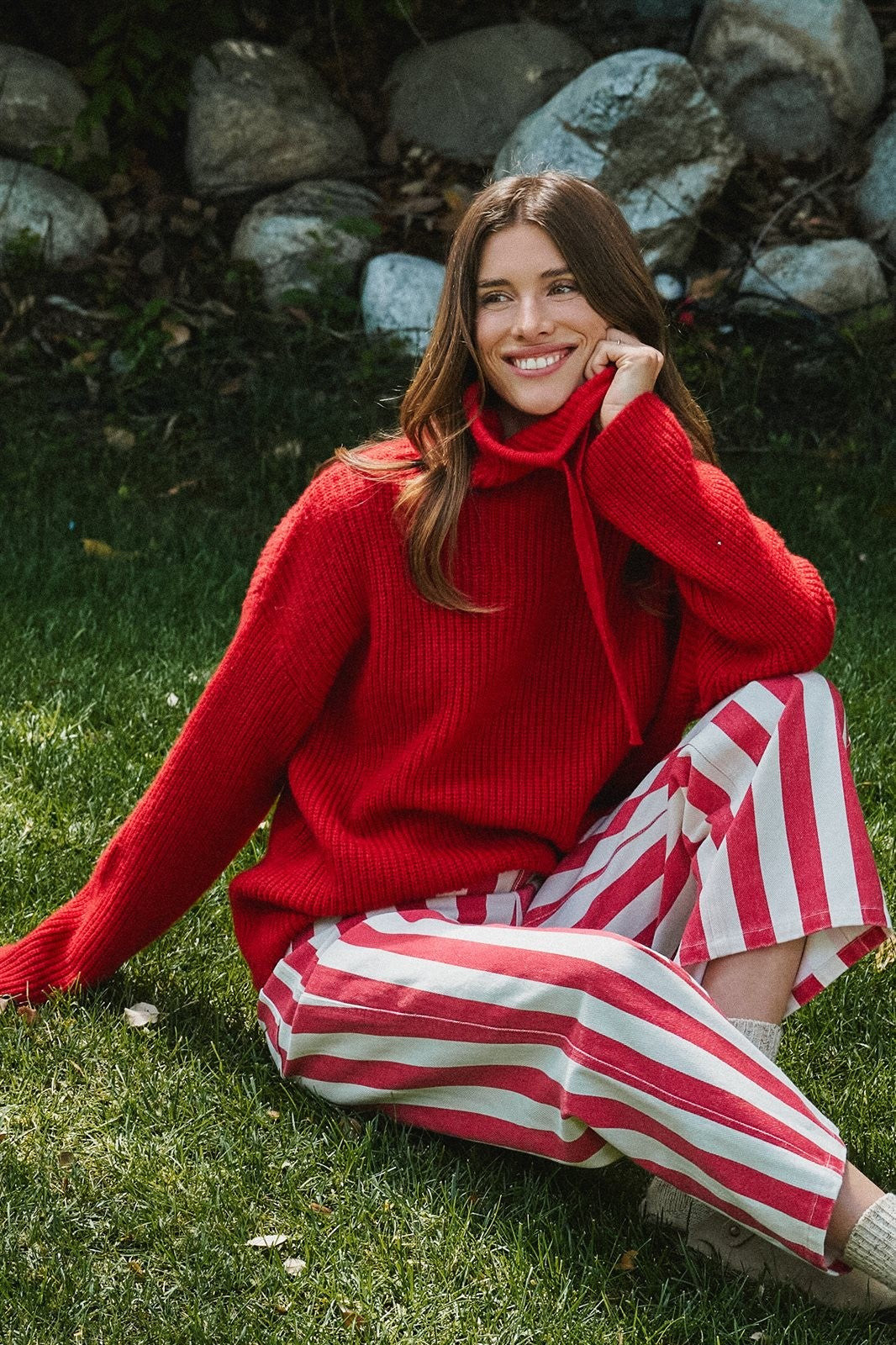 Chunky Cowl Neck Drawstring Knit Sweater in Red - Women's Sweaters | Urban Daizy