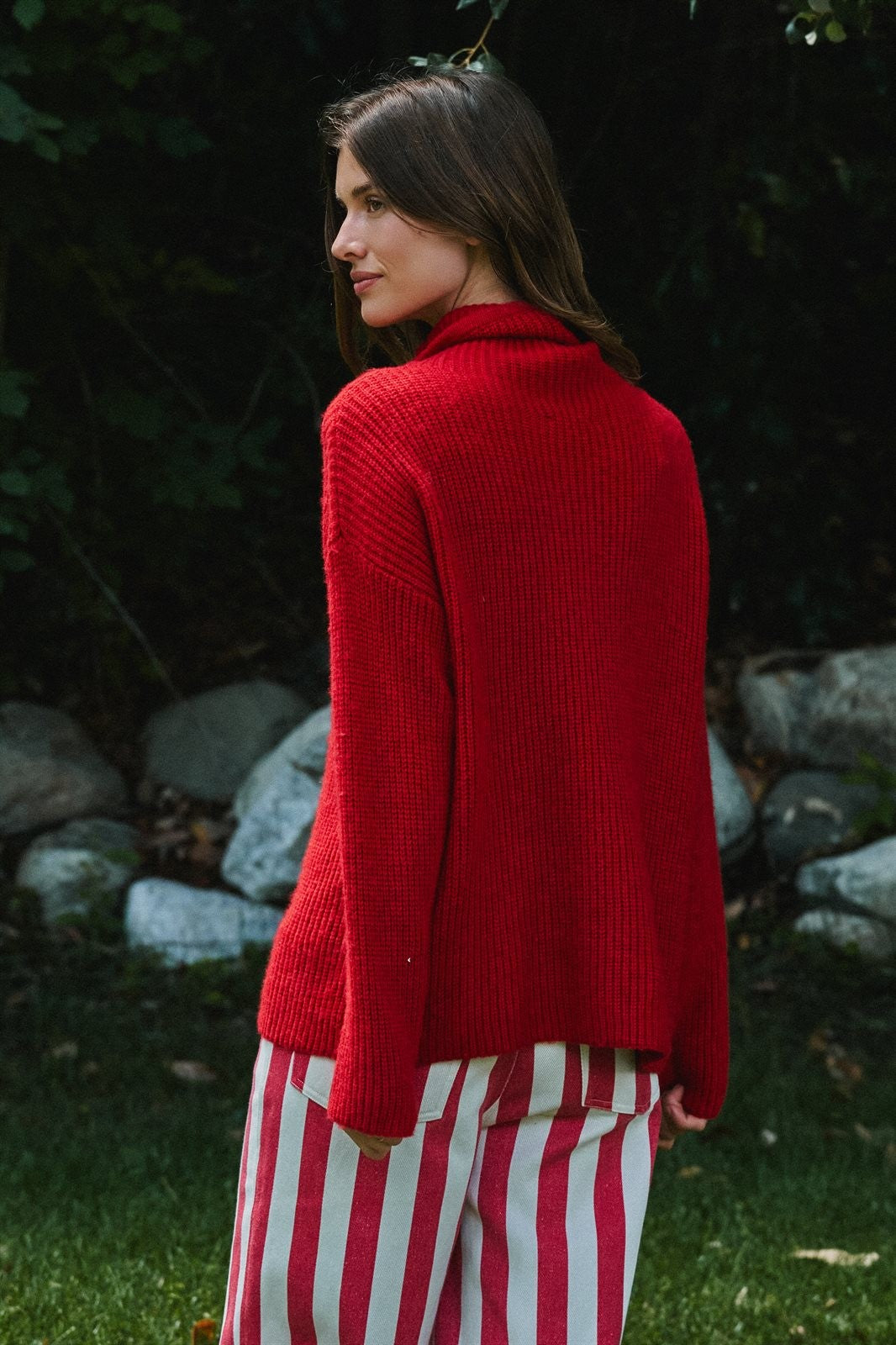 Chunky Cowl Neck Drawstring Knit Sweater in Red - Women's Sweaters | Urban Daizy