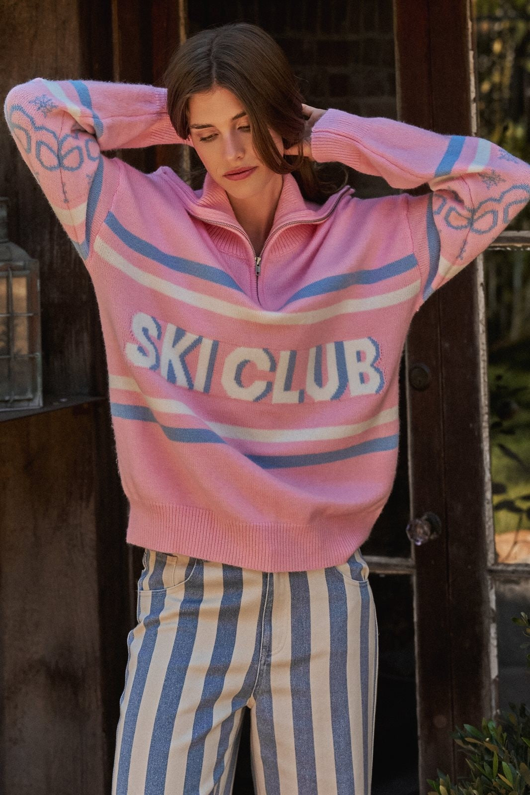 Ski Club Half Zip Pullover Sweater in Pink - Women's Sweaters | Urban Daizy