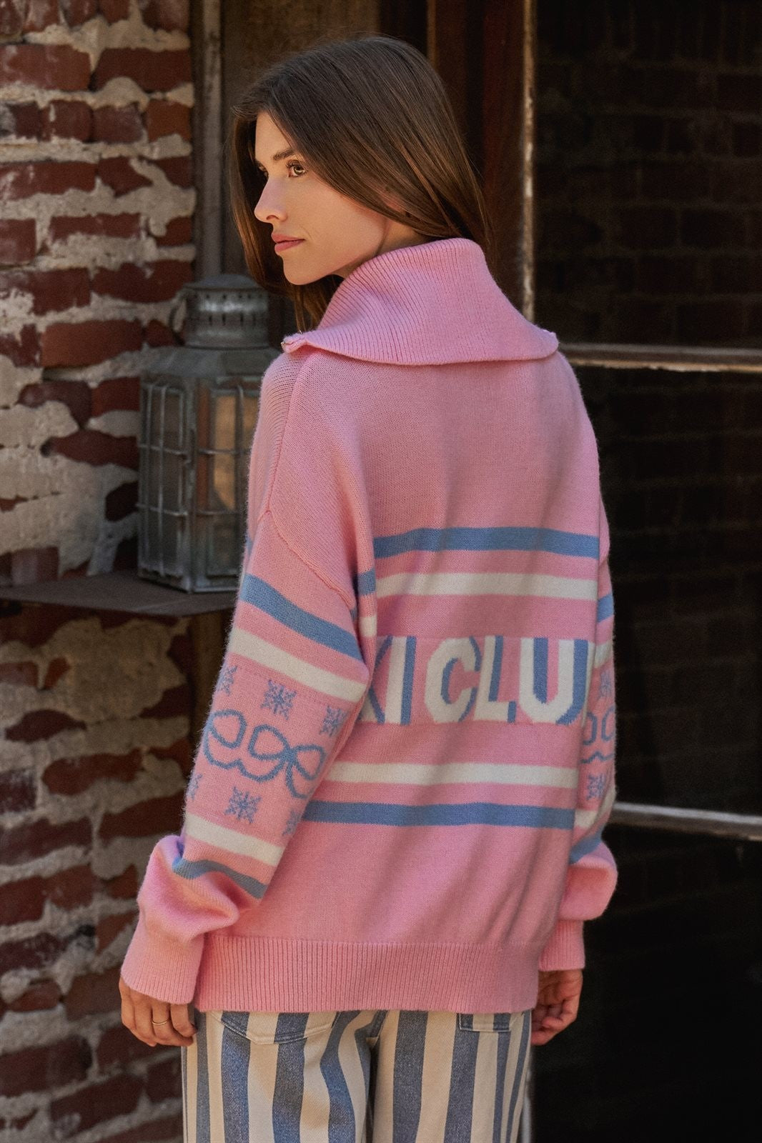 Ski Club Half Zip Pullover Sweater in Pink - Women's Sweaters | Urban Daizy