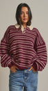 Striped Rugby Polo Sweater With Contrast Collar in Burgundy - Women's Sweaters | Urban Daizy
