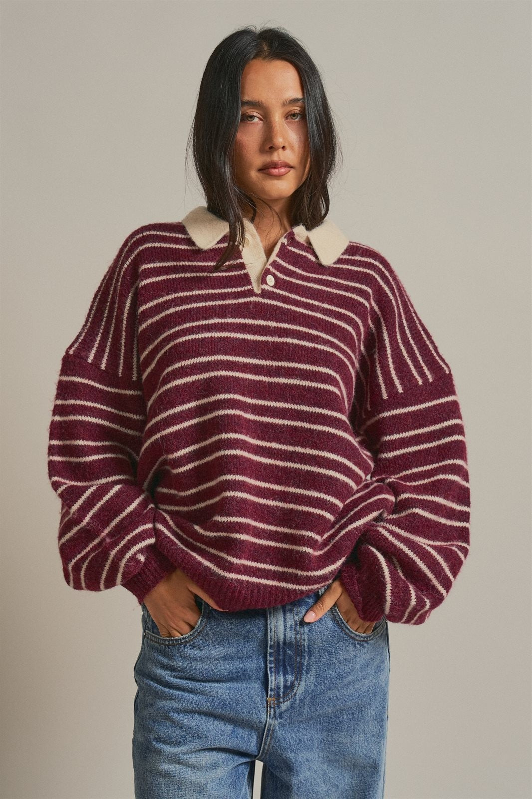 Striped Rugby Polo Sweater With Contrast Collar in Burgundy - Women's Sweaters | Urban Daizy