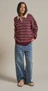 Striped Rugby Polo Sweater With Contrast Collar in Burgundy - Women's Sweaters | Urban Daizy