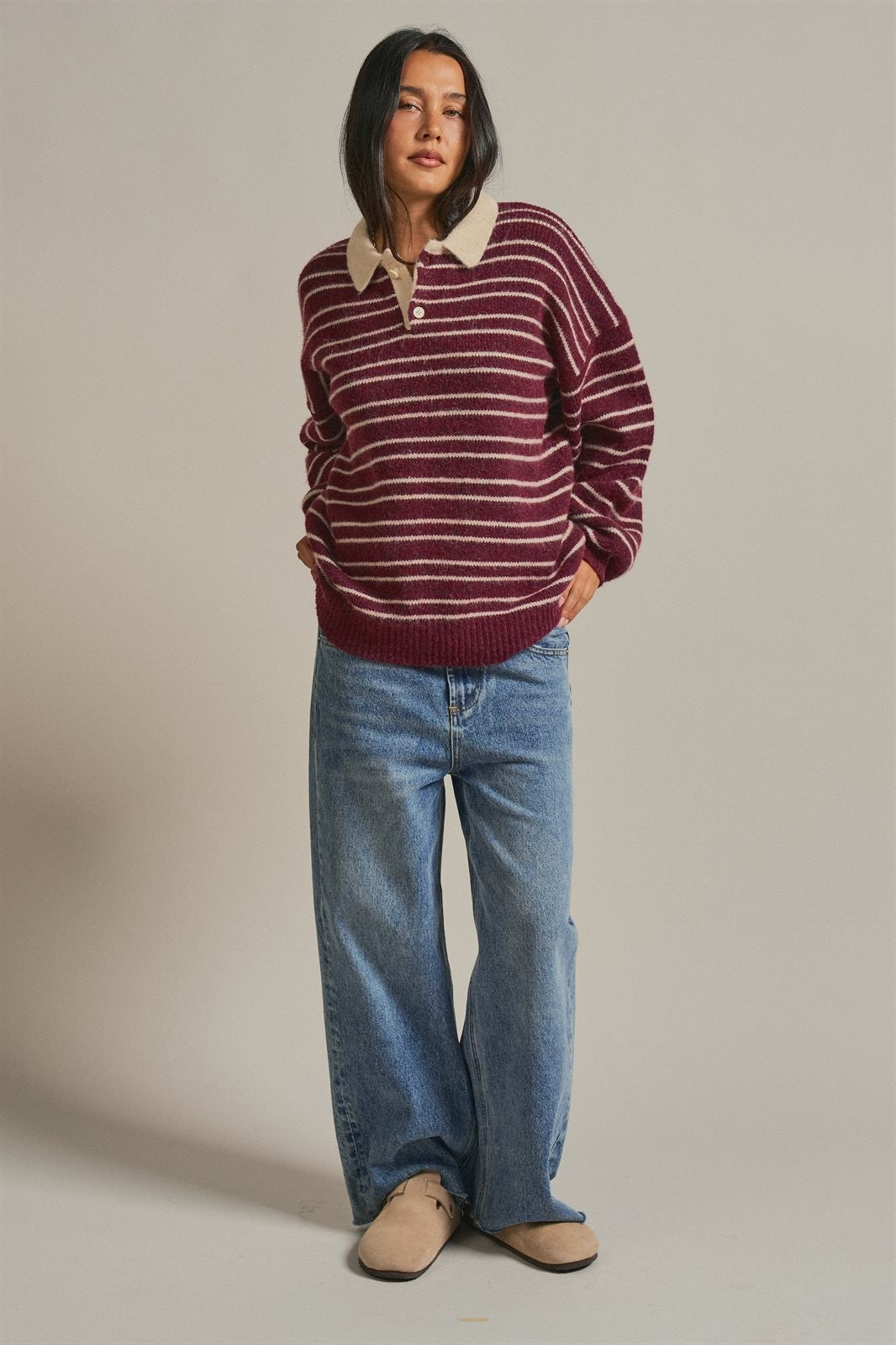 Striped Rugby Polo Sweater With Contrast Collar in Burgundy - Women's Sweaters | Urban Daizy