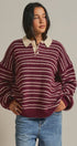Striped Rugby Polo Sweater With Contrast Collar in Burgundy - Women's Sweaters | Urban Daizy