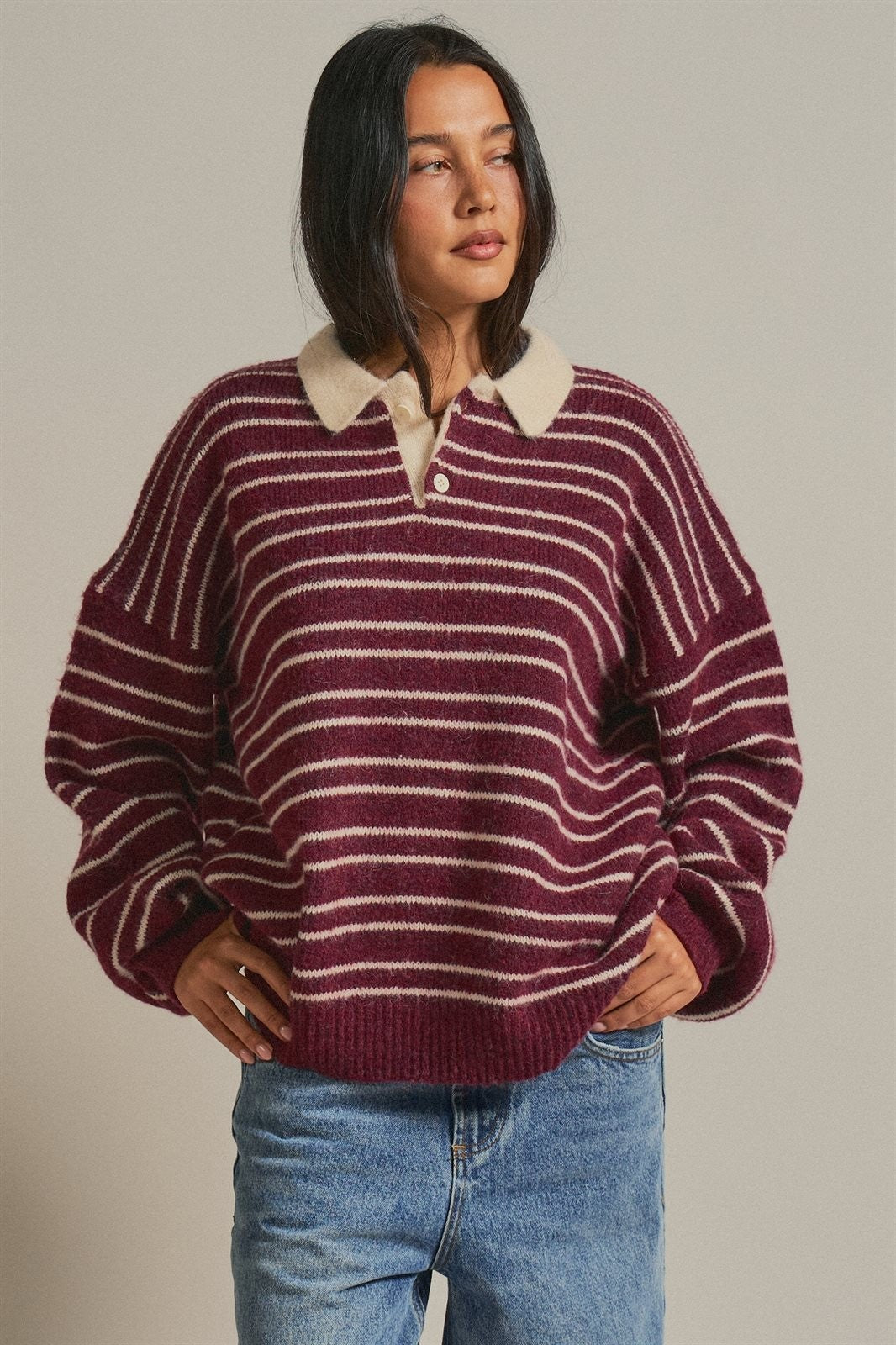 Striped Rugby Polo Sweater With Contrast Collar in Burgundy - Women's Sweaters | Urban Daizy