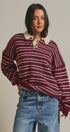 Striped Rugby Polo Sweater With Contrast Collar in Burgundy - Women's Sweaters | Urban Daizy
