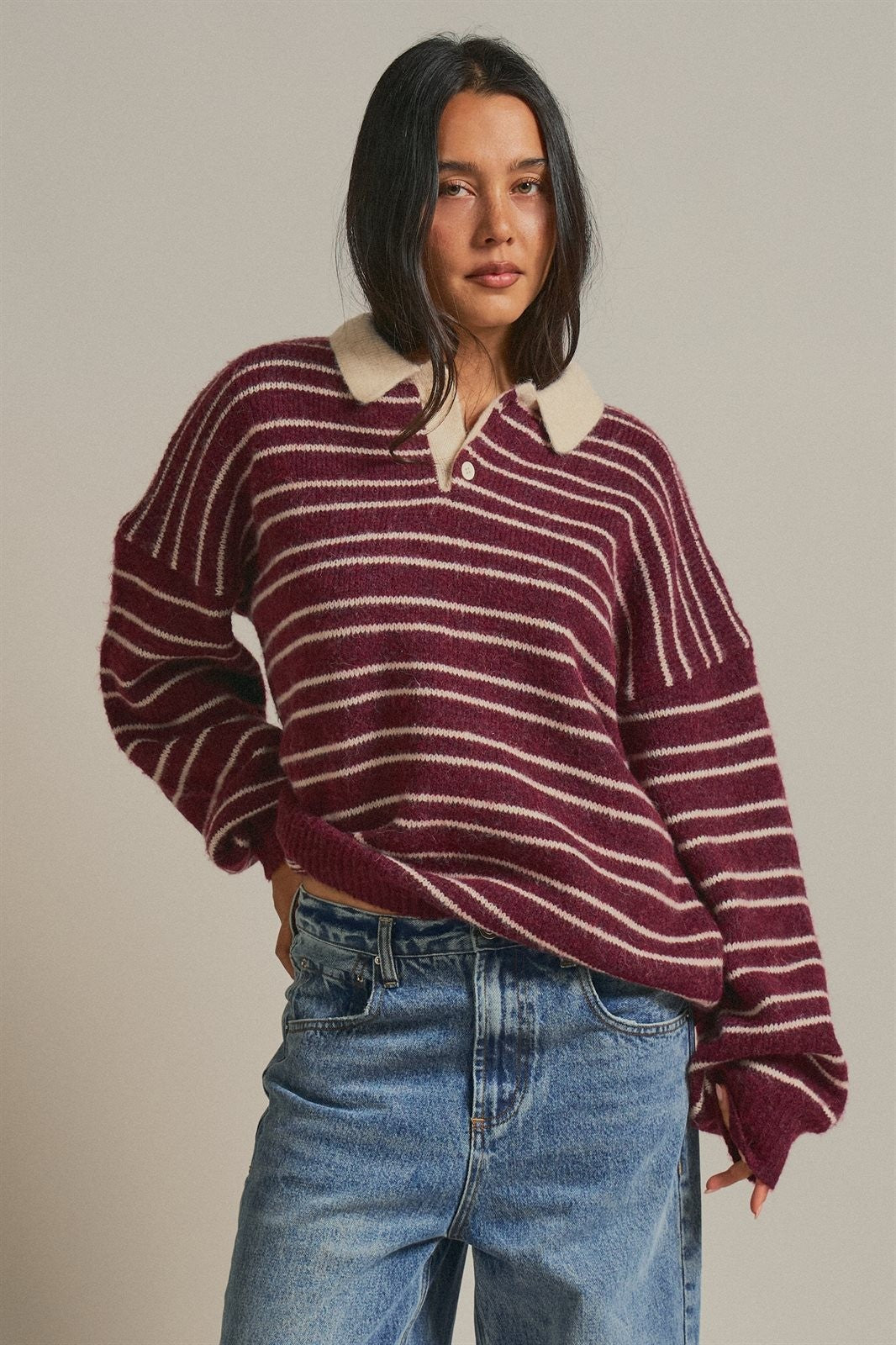 Striped Rugby Polo Sweater With Contrast Collar in Burgundy - Women's Sweaters | Urban Daizy