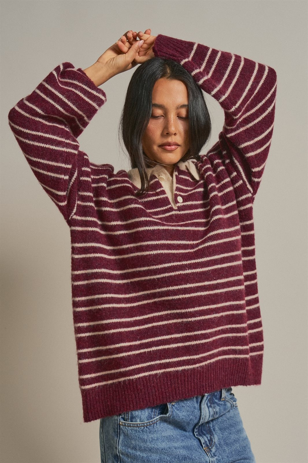 Striped Rugby Polo Sweater With Contrast Collar in Burgundy - Women's Sweaters | Urban Daizy