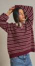 Striped Rugby Polo Sweater With Contrast Collar in Burgundy - Women's Sweaters | Urban Daizy