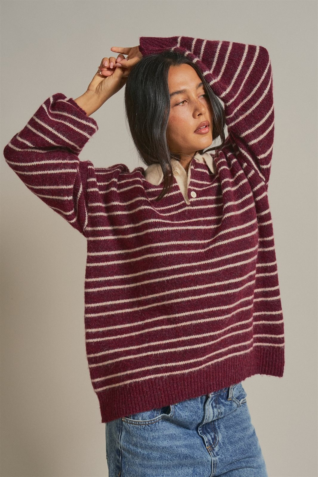 Striped Rugby Polo Sweater With Contrast Collar in Burgundy - Women's Sweaters | Urban Daizy
