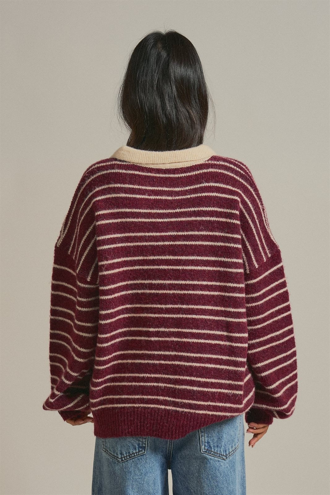 Striped Rugby Polo Sweater With Contrast Collar in Burgundy - Women's Sweaters | Urban Daizy
